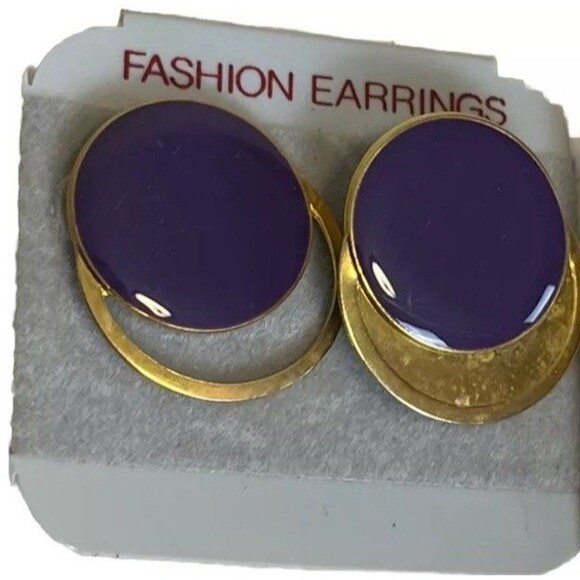 Purple‎ Enamel Disc Pierced Earrings Vintage 80s Gold-tone NWT Retro Career Work - Picture 2 of 3
